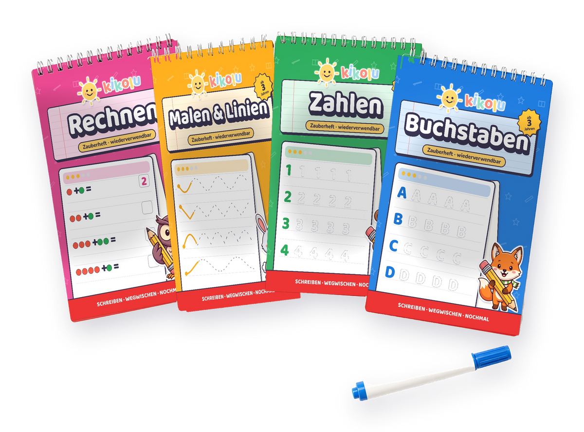 kikolu Zauberhefte 4er-Set – Buchstaben, Zahlen, Malen & Linien und Rechnen mit Zauberstift (freigestellt)