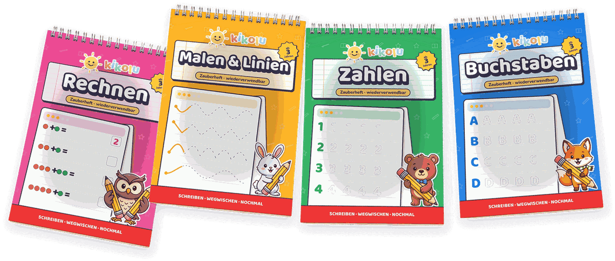 Die vier kikolu Zauberhefte Rechnen, Malen & Linien, Zahlen und Buchstaben